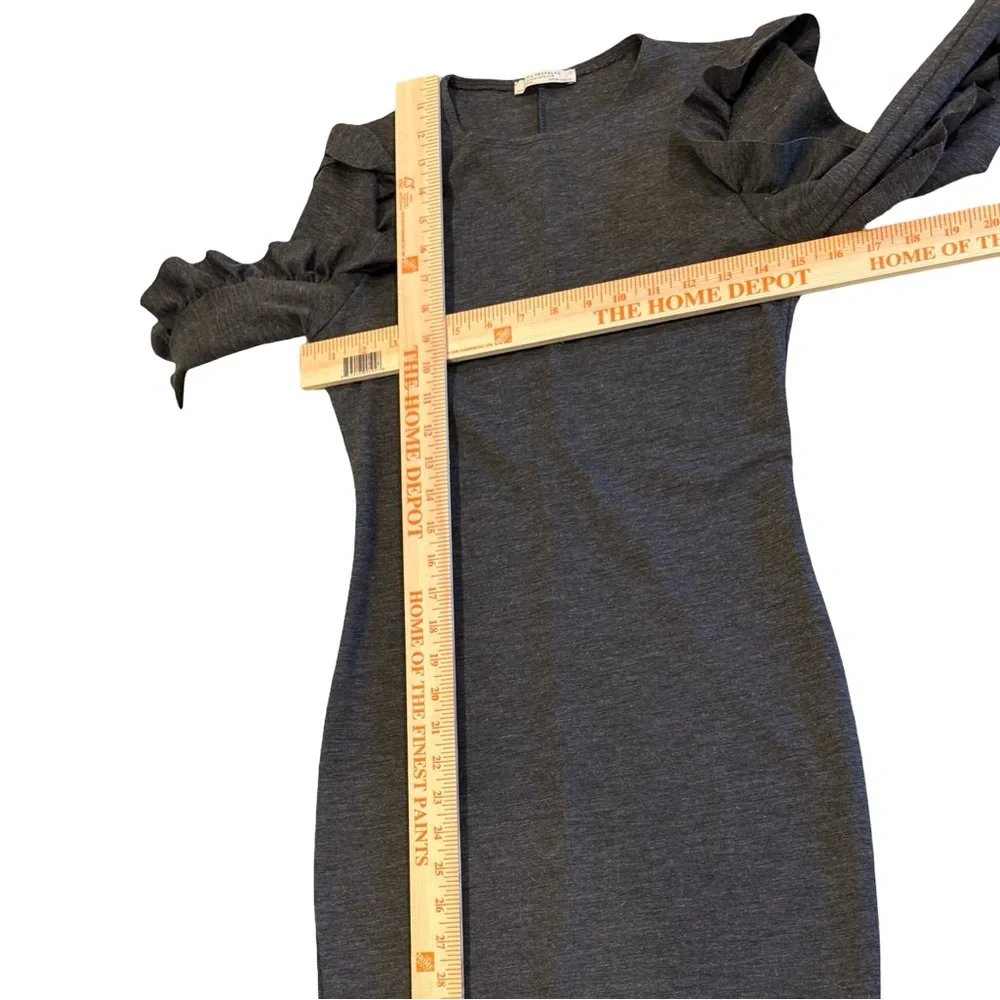 Zara Trafaluc Gray Bodycon Midi Dress Ruffle Sleeves Stretch Knit Women’s Small